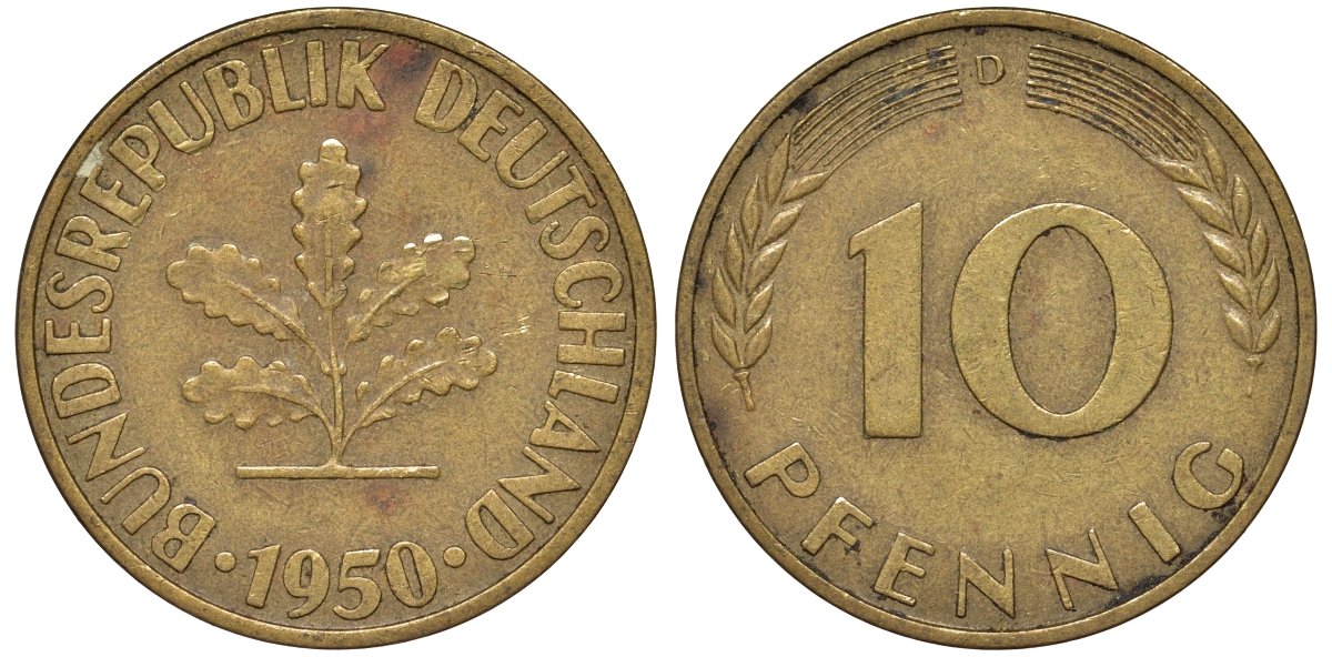 ФРГ 10 пфеннигов 1950 D KM 108, J. 383 сталь плакированная латунью 4132-525