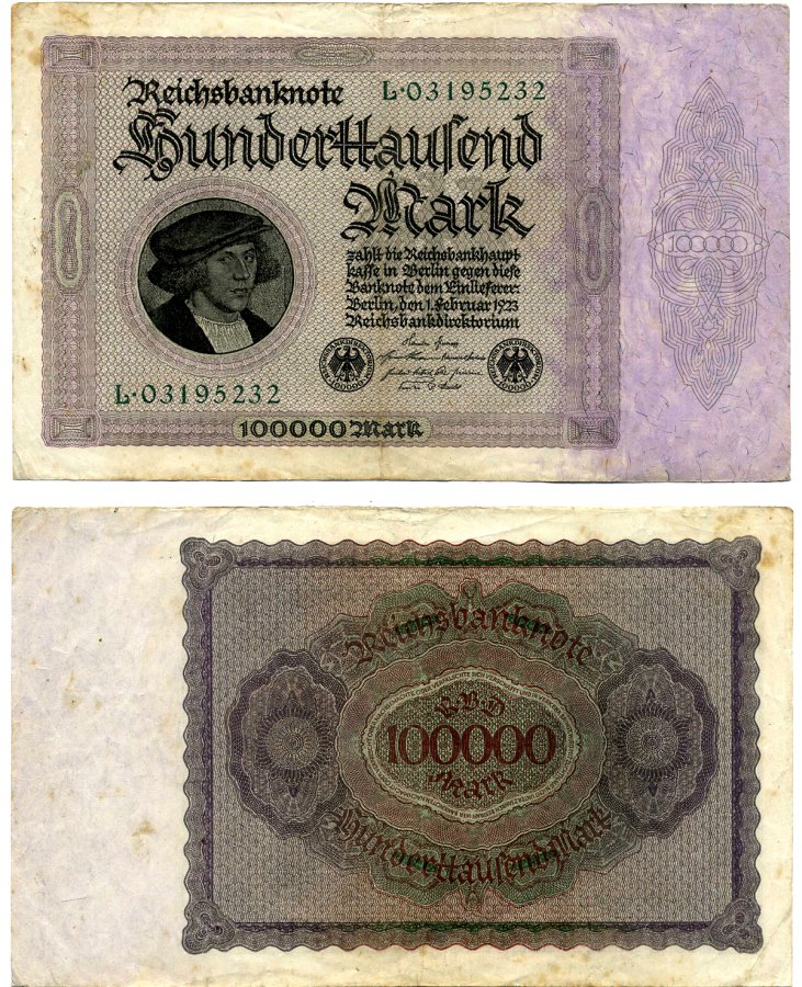 Германия 100000 марок 1923 1 февраля 1923, выпуск (март 1923-5 июля 1925), номер восьмизначный, серия L 03195232 Pick 83, Роземберг 82а бумага 8595-14-1-2