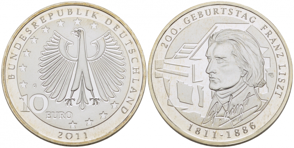 ФРГ 10 евро 2011 G, 200 лет со дня рождения Франца Листа KM 295, DE.S. 10.55 серебро PROOF 11-098-33
