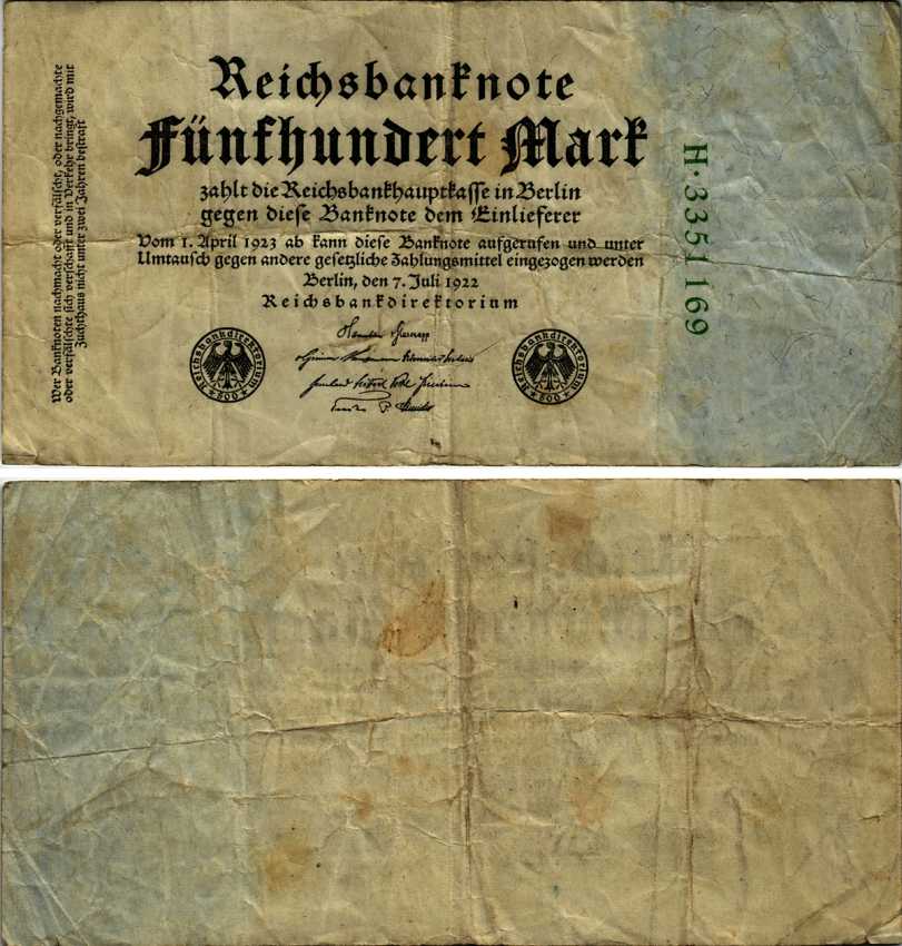 Германия 500 марок 1922 зеленая серия, 7 цифр в номере Pick 74 b бумага 7183-65-3-1