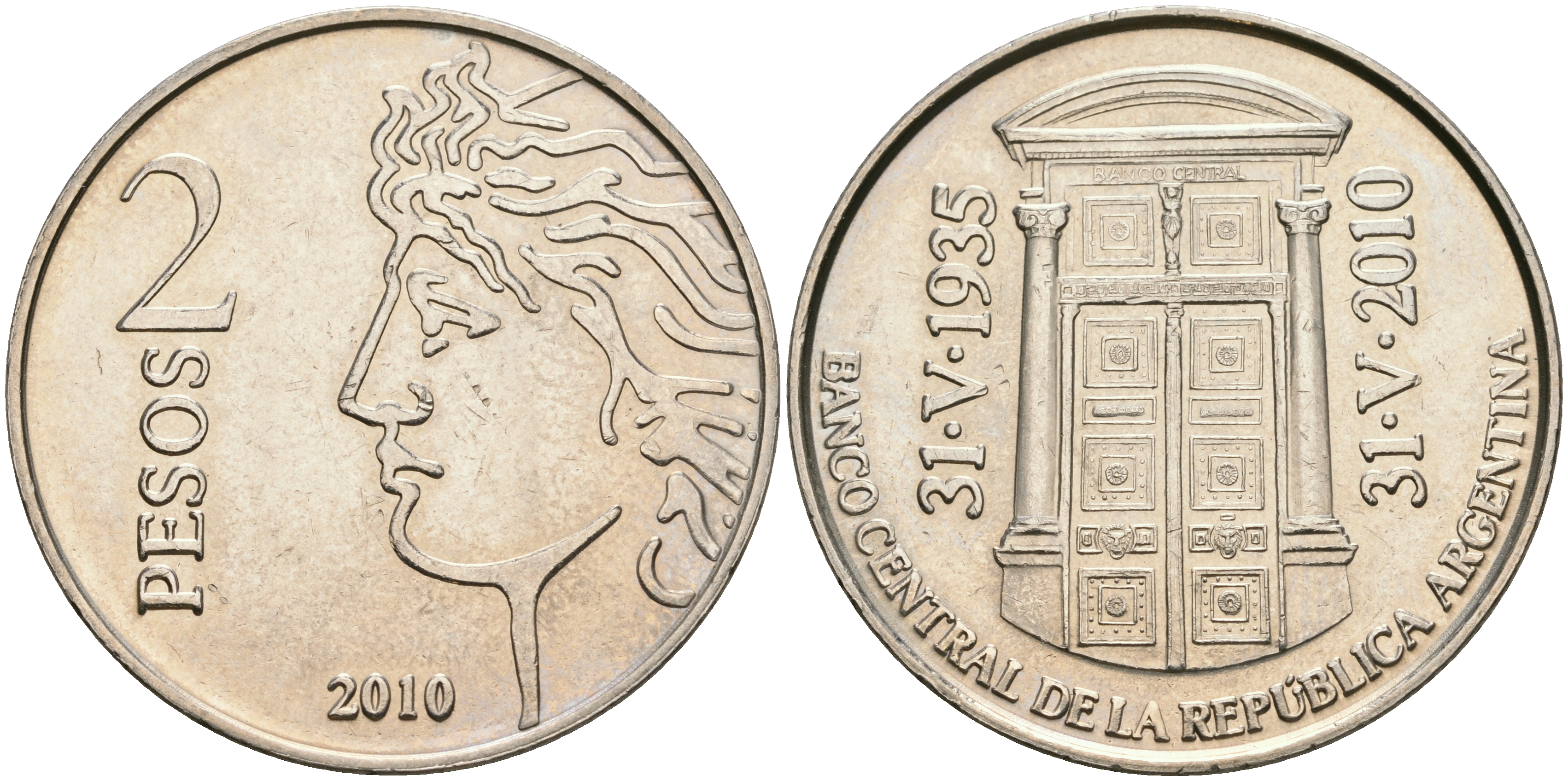 Аргентина 2 песо 2010 75 лет Центральному Банку KM 162 медно-никель UNC 08-633