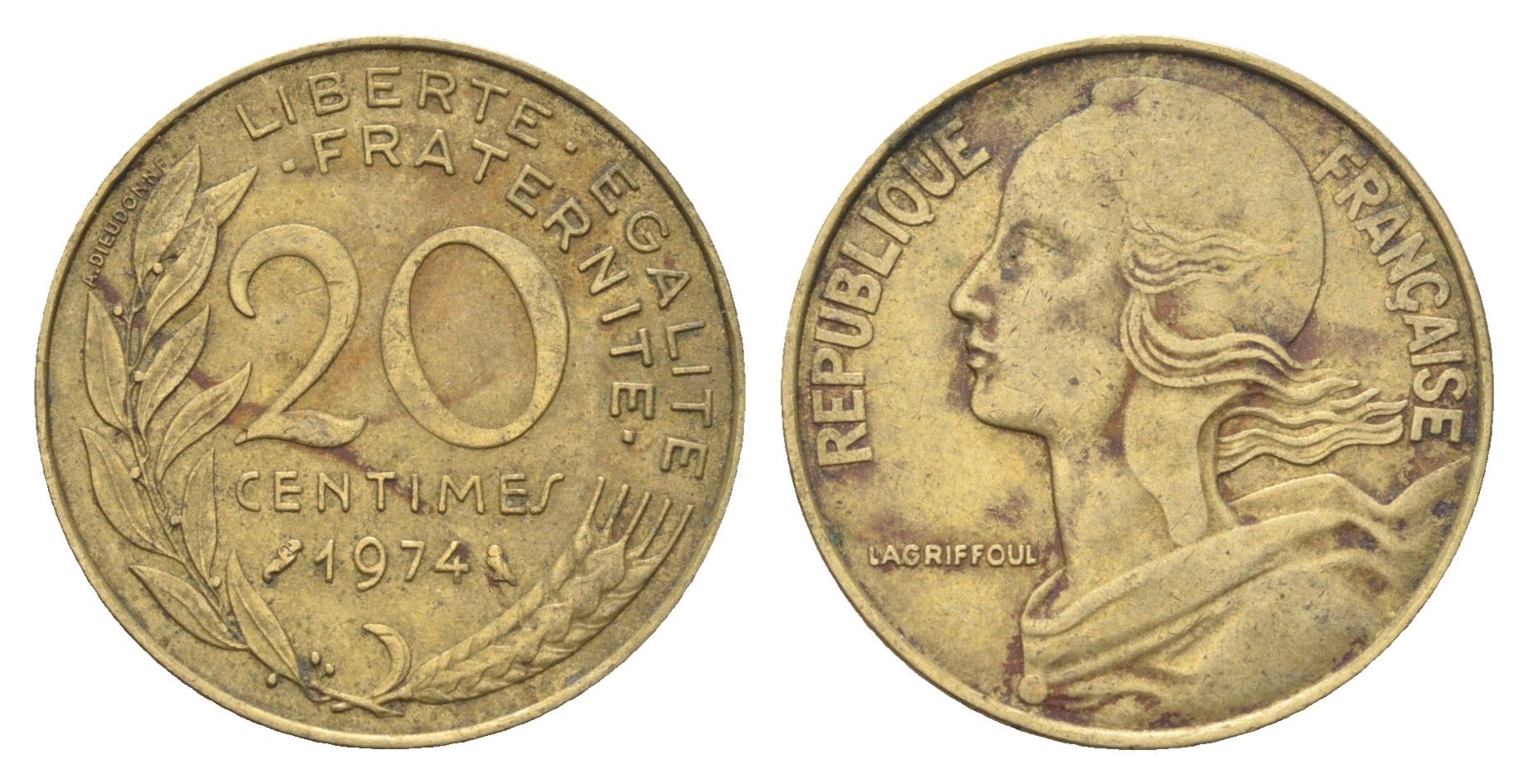 Франция 20 сантимов 1974 KM 930 алюминиевая бронза 4704-343