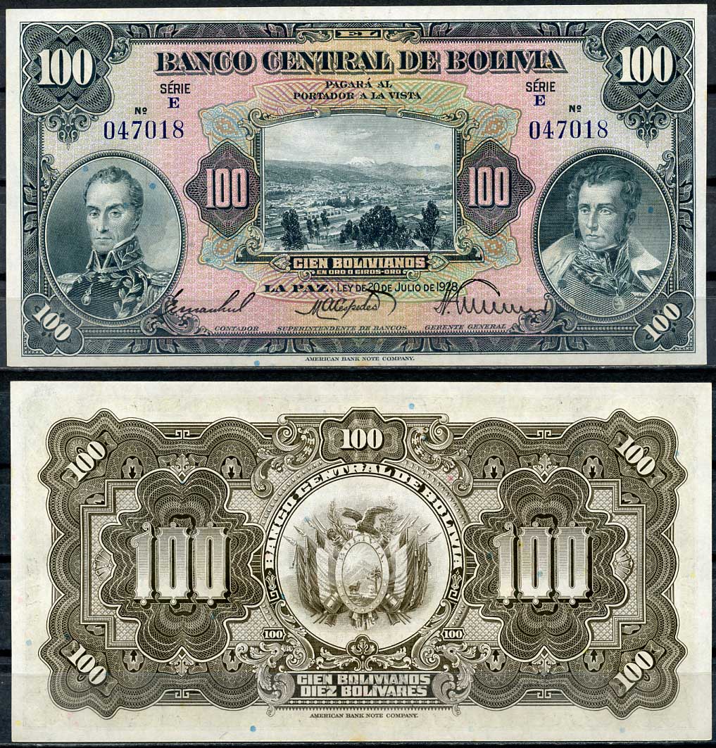 Боливия 100 боливиано 1928 серия E, Симон Боливар и Антонио Хосе Сукре Pick 125 a (5)  бумага  UNC (пресс) 451-107-1