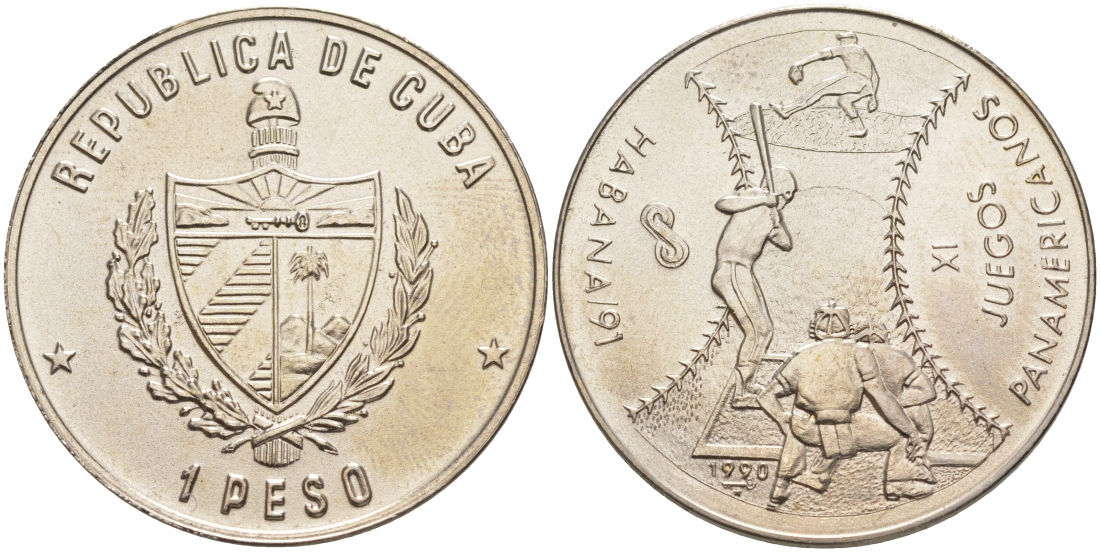 Куба 1 песо 1990 11-е панамериканские игры в Гаване в 1991 году, бейсбол KM 312 медно-никель UNC 1526-924 M16-2