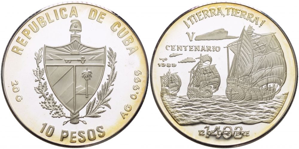 КУБА 10 ПЕСО 1989 500 ЛЕТ ОТКРЫТИЮ АМЕРИКИ,ТРИ ПАРУСНИКА В МОРЕ, КОРАБЛИ КОЛУМБА, ТИРАЖ 3145 ЭКЗ. KM 238 серебро PROOF 1074-6-31
