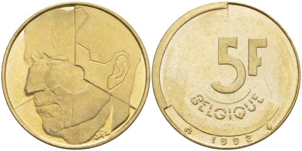 БЕЛЬГИЯ 5 ФРАНКОВ 1992 BELGIQUE, БОДУЭН I (1951-1993) KM 163 латунь или алюминиевая бронза 4364-3121