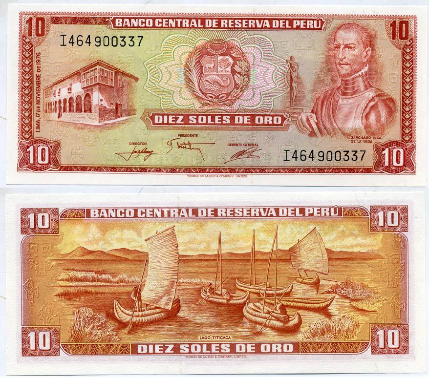 Перу 10 солей 1976 Инка Гарсиласо де ла Вега, озеро Титикака Pick 112 бумага UNC (пресс) 2192-57-3
