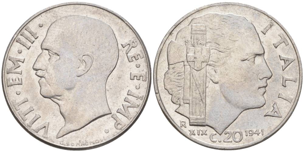 ИТАЛИЯ 20 ЧЕНТЕЗИМО 1941 R, ГОД XIX, ВИКТОР ЭММАНУИЛ III (1900-1946) KM 75b, VEM3. 1028 нержавеющая сталь 3853-922