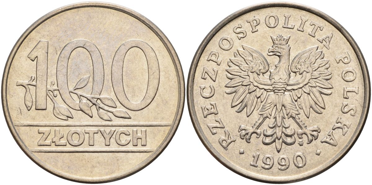 Польша 100 злотых 1990 MW, Демократическая Республика KM 214, Parchimowicz 602 медно-никель aUNC M56-11