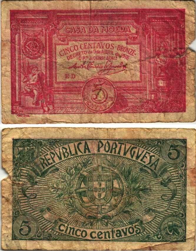 Португалия 5 сентаво бронзовых 1918 Casa da Moeda, красная Pick 98 бумага 7222-34-2-1