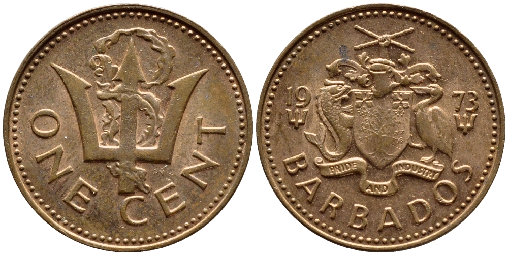Барбадос 1 цент 1973 сломанный трезубец Британии KM 10 бронза 4396-1251
