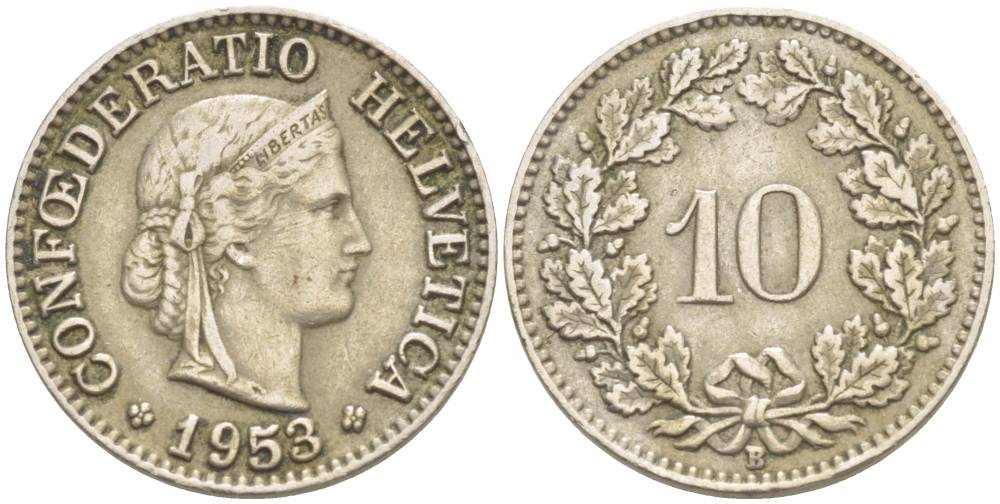 ШВЕЙЦАРИЯ 10 РАППЕНОВ 1953 В KM 27 медно-никель 216-1246