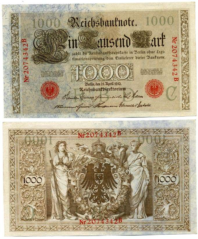 ГЕРМАНИЯ 1000 МАРОК 1910 21 АПРЕЛЯ 1910, КРАСНАЯ ПЕЧАТЬ, 7 ЦИФР В НОМЕРЕ Pick 44b бумага 6262-41-1-1