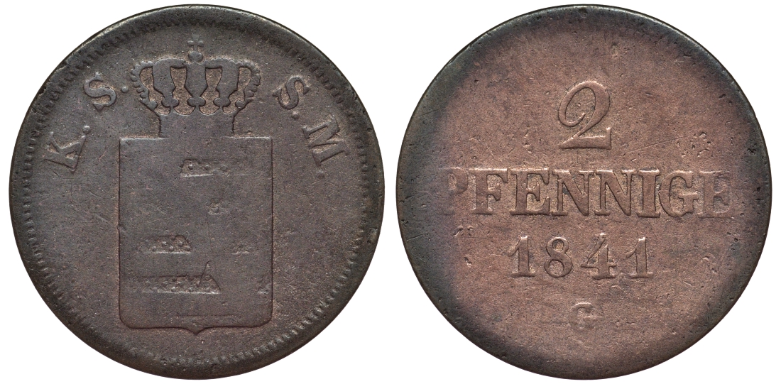 САКСОНИЯ 2 ПФЕННИГА 1841 G KM 1157 медь 75-854