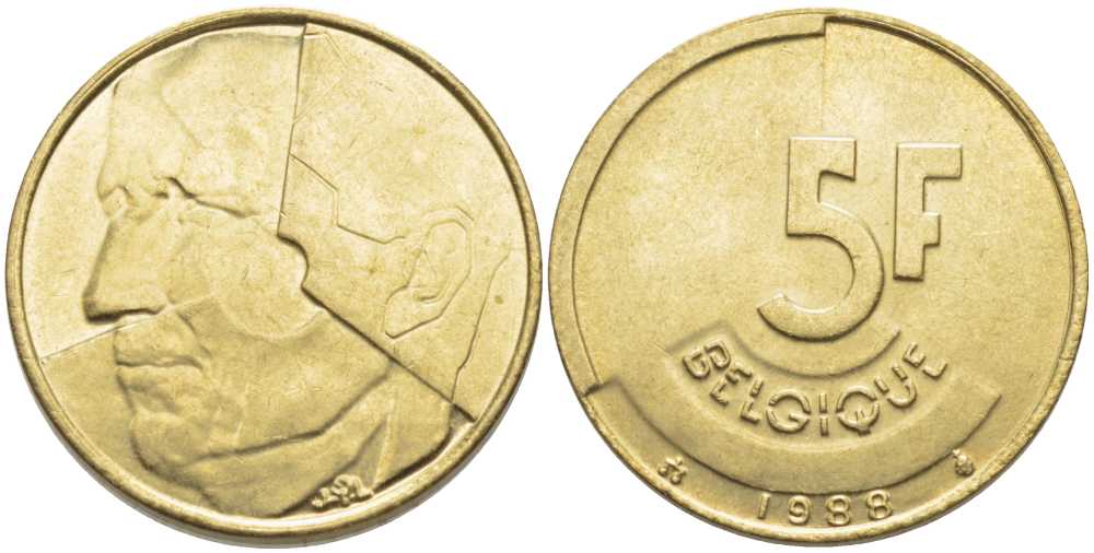 БЕЛЬГИЯ 5 ФРАНКОВ 1988 BELGIQUE, БОДУЭН I (1951-1993) KM 163 латунь или алюминиевая бронза 119-845