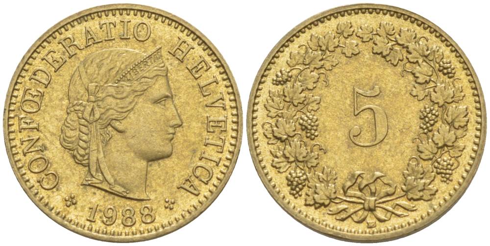 ШВЕЙЦАРИЯ 5 РАППЕНОВ 1988 В KM 26c алюминий латунь 4532-861