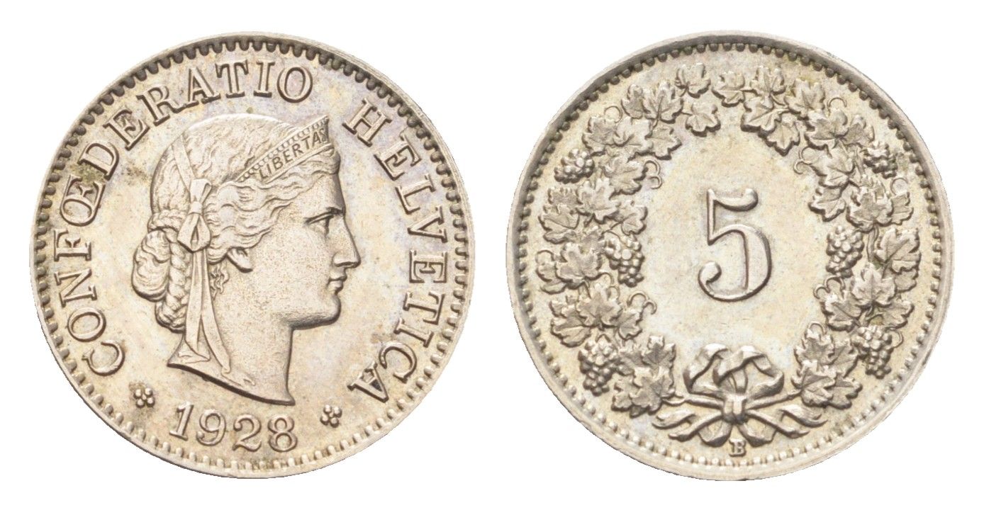 Швейцария 5 раппенов 1928 B KM 26 медно-никель 4705-1223