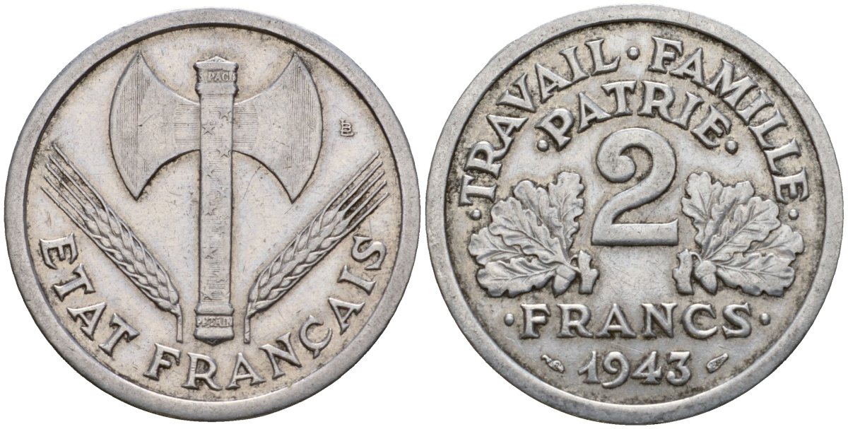 Франция 2 франка 1943 правительство Виши KM 904 алюминий 4599-334