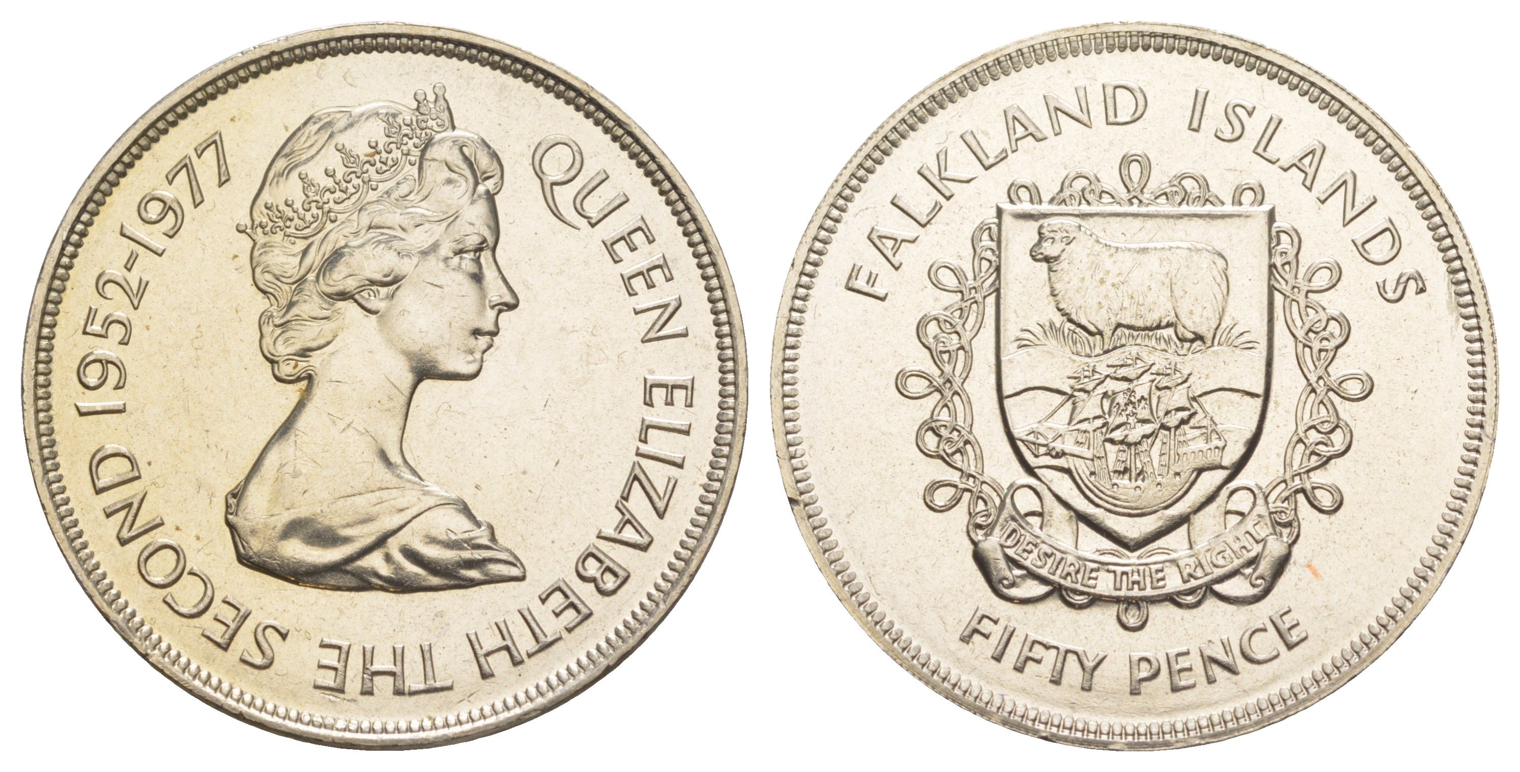 Фолклендские острова (Фолкленды) 50 пенсов 1977 25 лет правлению Королевы Елизаветы II KM 10 медно-никель UNC 4527-233