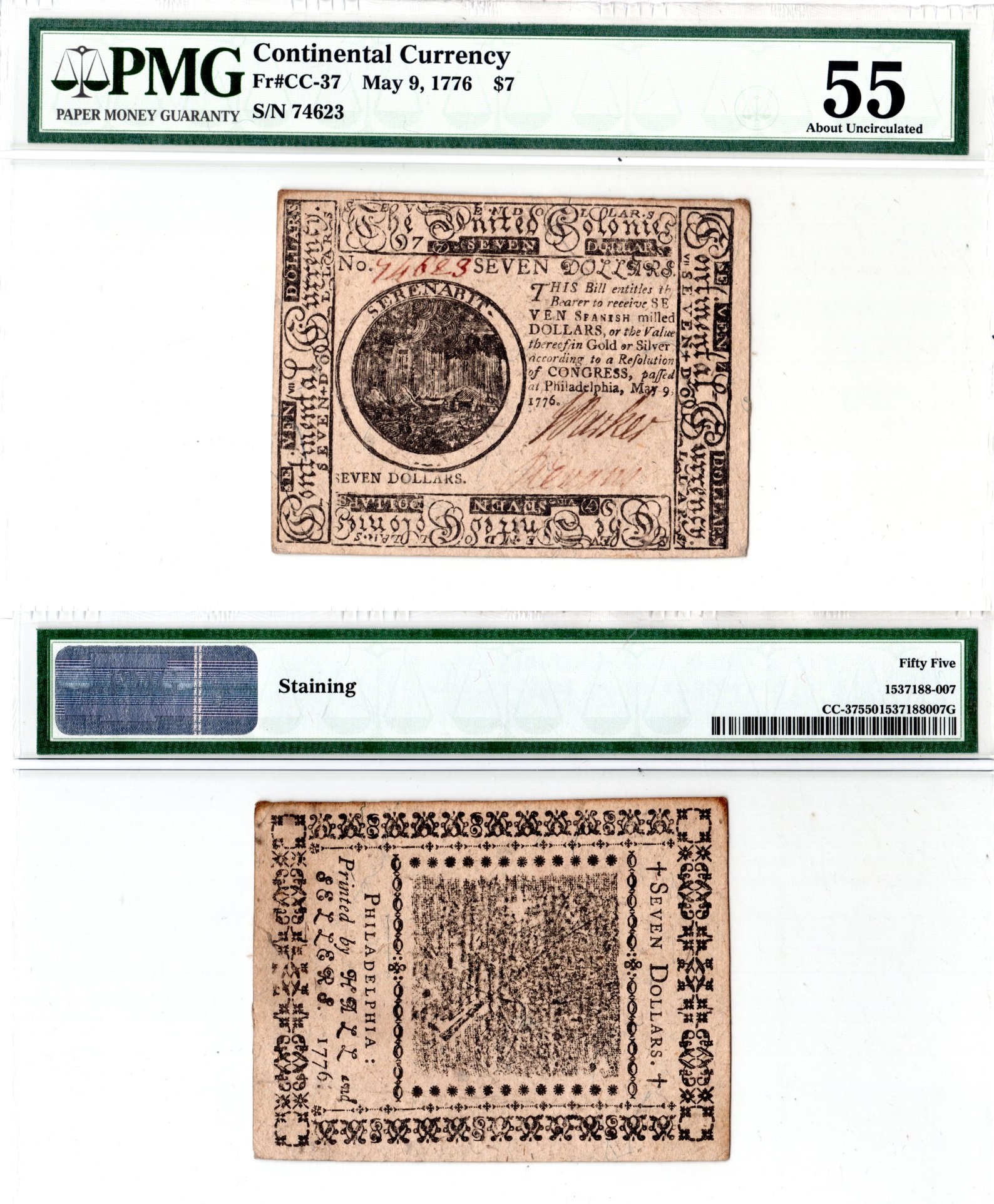США, Континентальный доллар (Continental Currency) 7 долларов	1776 9 мая 1776 г. № 74623.В холдере компании PMG. Сохранность - «55 Details». Шторм на море.	Friedberg № СС-37. Pick S129 бумага	10-3-01