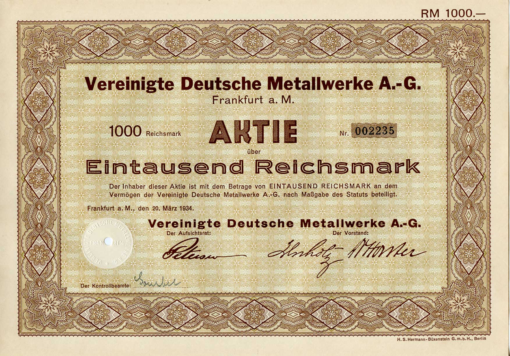 Германия 1000 рейхсмарок 1934 АО Объединенные немецкие металлургические заводы, акция   бумага   8803-34-1