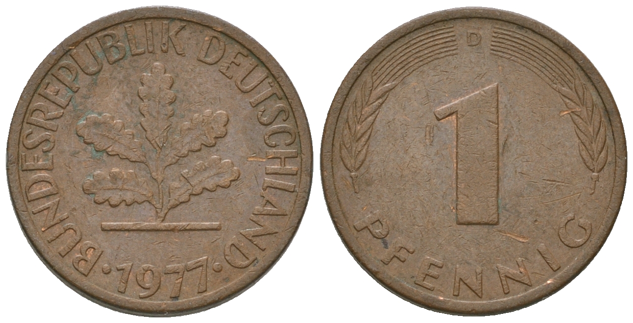 ФРГ 1 пфенниг 1977 D KM105, J.380 сталь плакированная медью 4651-1112