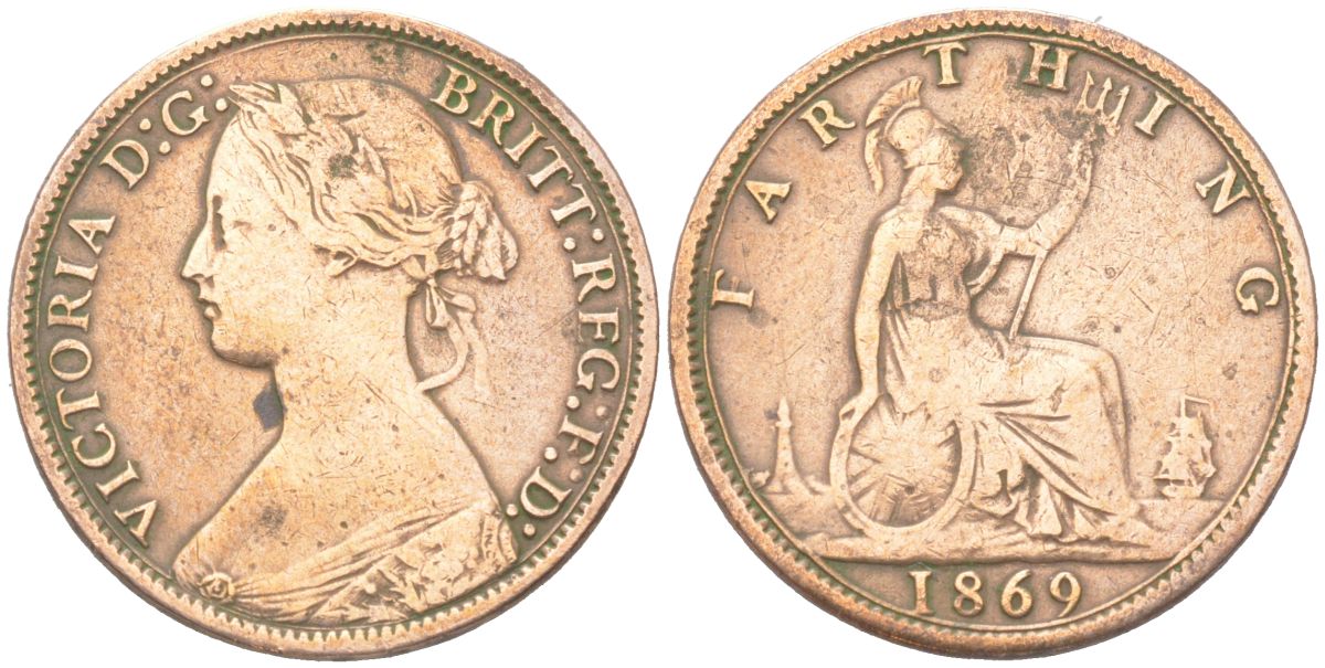 Великобритания 1 фартинг 1869 Виктория (1837-1901) KM 747.2, Spink 3958 бронза 4613-425