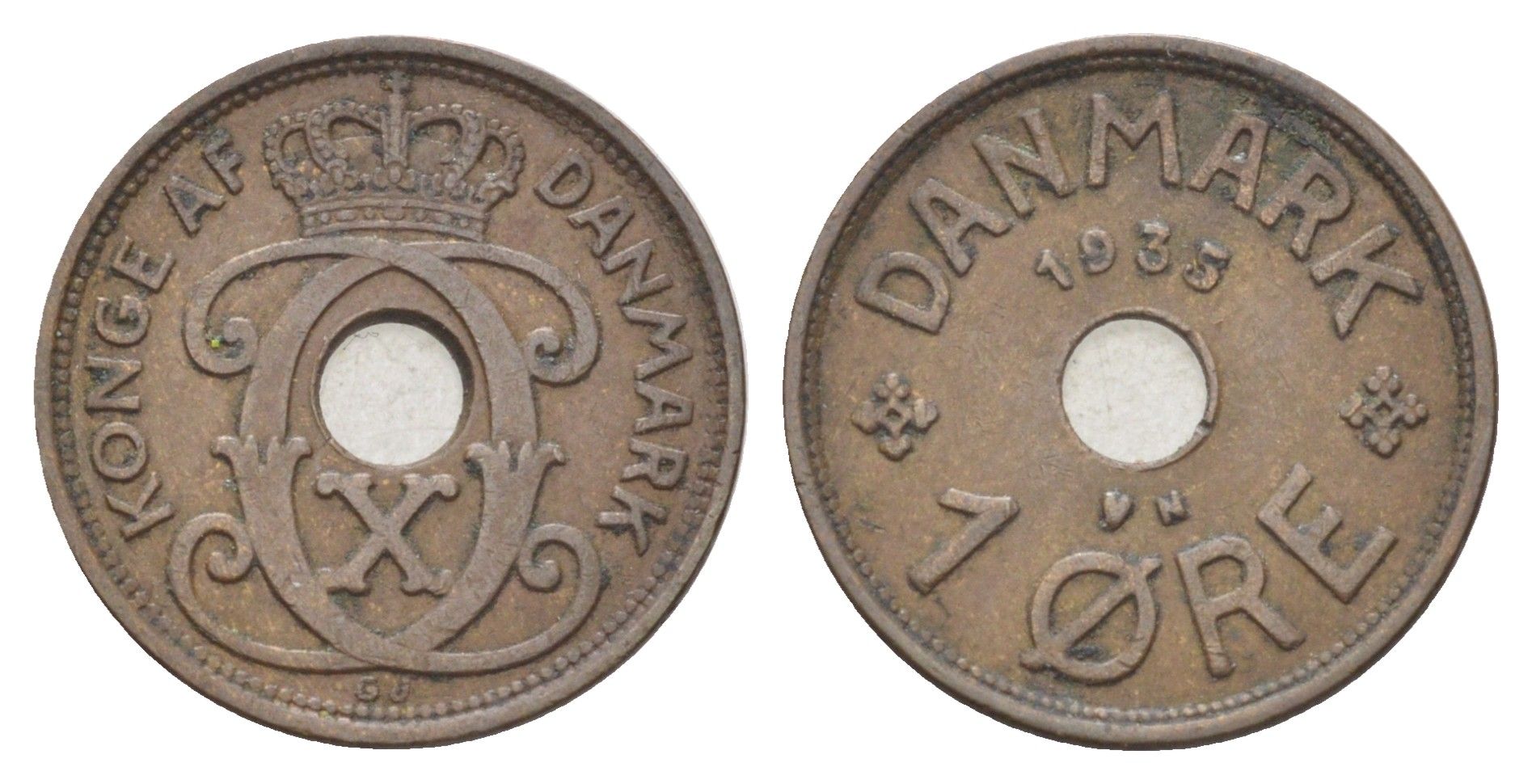 Дания 1 эре 1935 N, Кристиан X (1912-1947) KM 826 бронза 4701-565