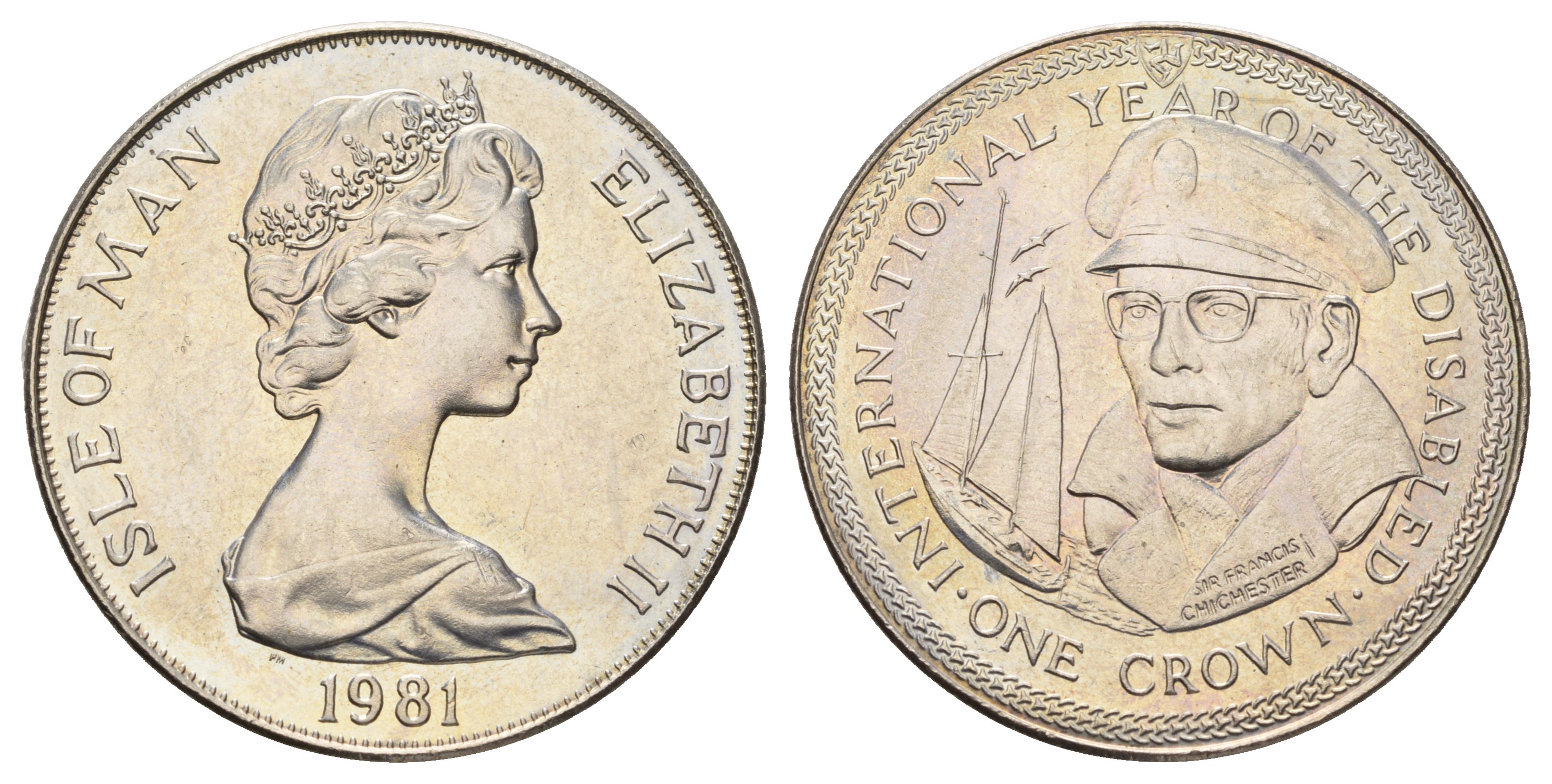 Остров Мэн 1 крона 1981 Международный год инвалидов, Сэр Фрэнсис Чичестер, яхта КМ 80 медно-никель UNC 4386-234