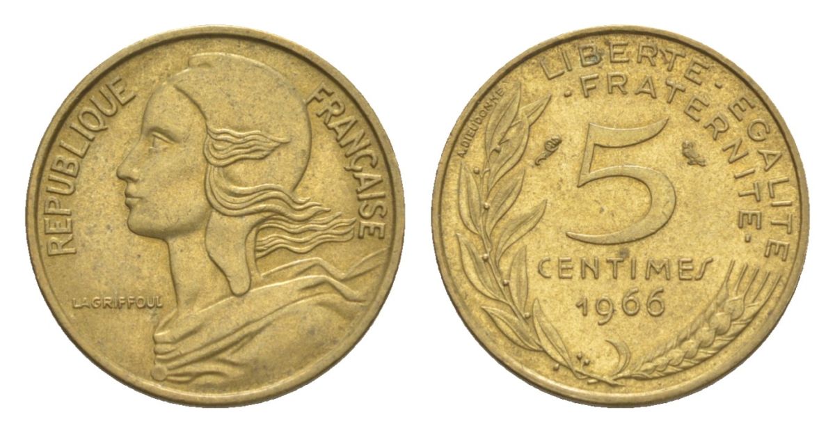 Франция 5 сантимов 1966 тип Morlon KM 933, Le Franc 125.2 алюминиевая бронза 4630-318