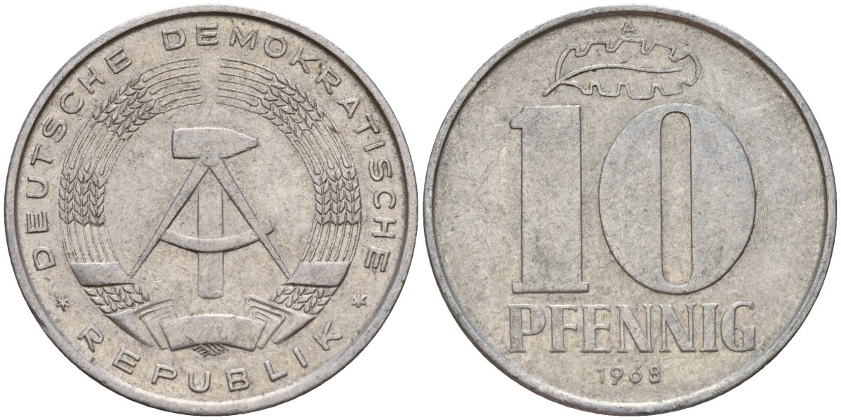 ГДР 10 пфеннигов 1968 A KM 10 алюминий 55-216