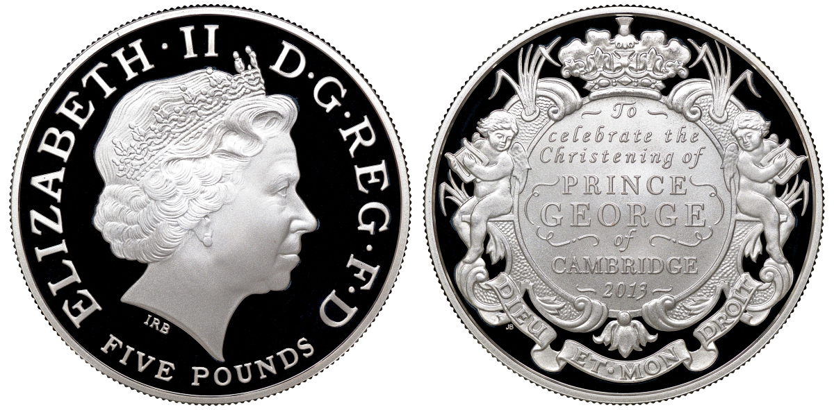 Великобритания 5 фунтов 2013 Елизавета II (1952-2022), Крещение Принца Джорджа Кембриджского, тираж 12500 экземпляров, в оригинальной коробке, с сертификатом KM 1259, Spink L27 серебро  PROOF  4-3-3-01