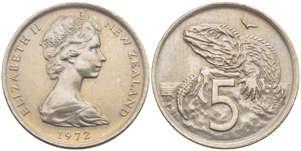 Новая Зеландия 5 центов 1972 Елизавета II (1952-2022), ящерица гаттерия KM 34.1 медно-никель 4547-963