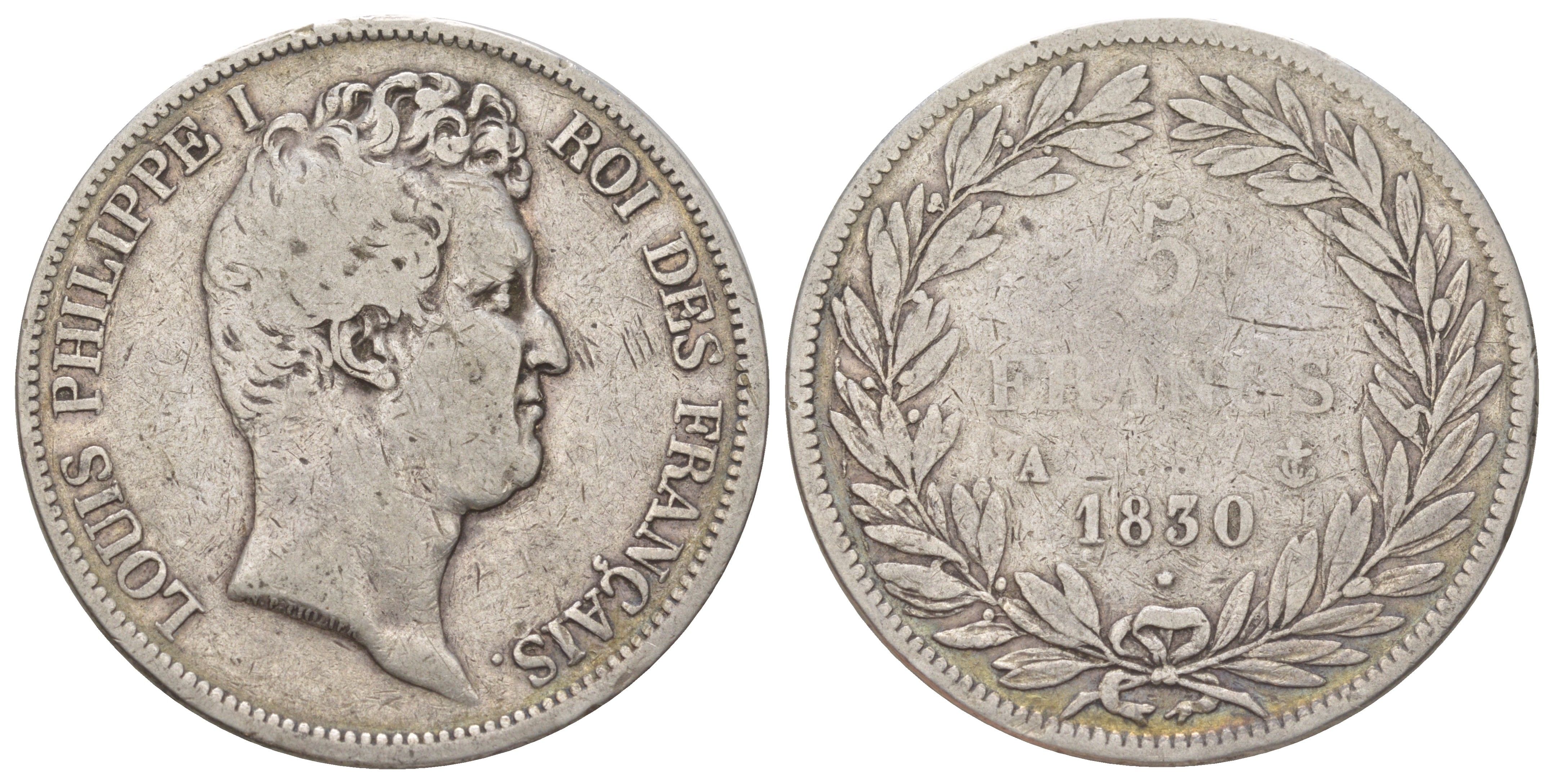 Франция 5 франков 1830 A, Луи-Филипп I (1830-1848), гурт рельефный KM 736 серебро 3896-143