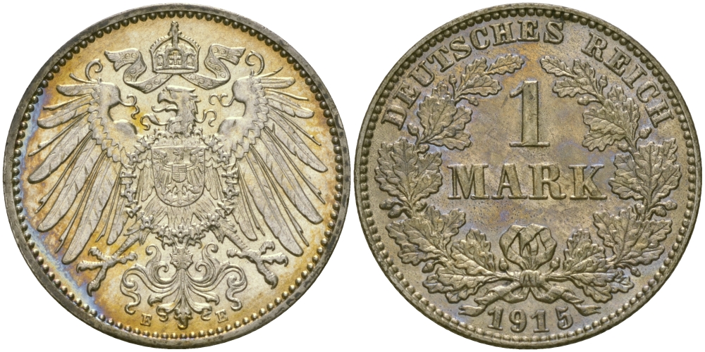 Германия 1 марка 1915 E Weege 18, J. 17, KM 14 серебро aUNC 98-1145