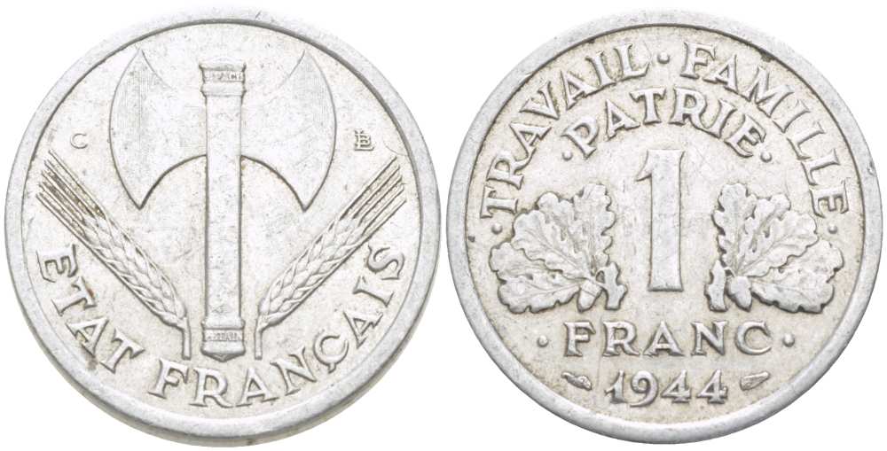 ФРАНЦИЯ 1 ФРАНК 1944 С, ТИП LEGERE, ПРАВИТЕЛЬСТВО ВИШИ KM 902.2, LE FRANC 223.7 алюминий 202-824
