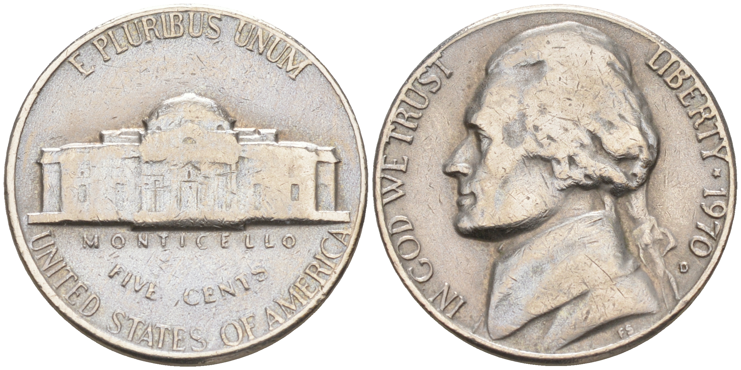 США 5 ЦЕНТОВ 1970 D, ДЖЕФФЕРСОН KM A192 медно-никель 190-116