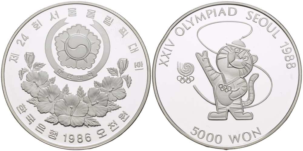 Южная Корея 5000 вон 1986 XXIV Летние Олимпийские игры в Сеуле 1988 года, олимпийский талисман KM 54 серебро PROOF 1072-10-25