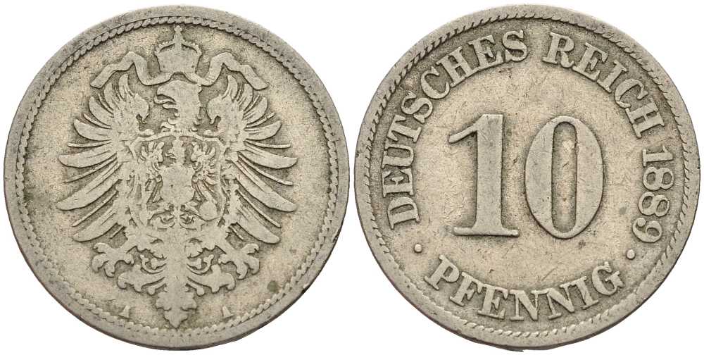 ГЕРМАНИЯ 10 ПФЕННИГОВ 1889 A, СТАРОГЕРБОВКА KM 4, J. 4 медно-никель 4401-334