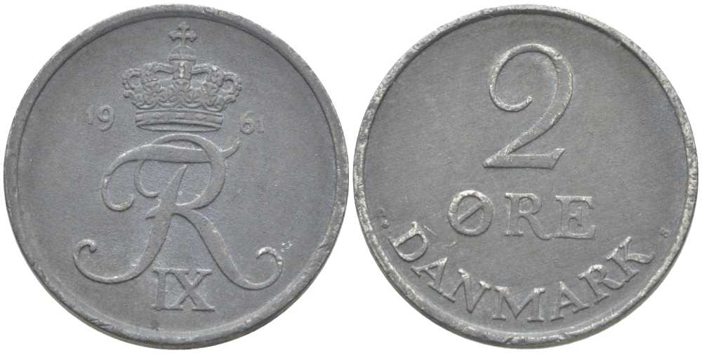 ДАНИЯ 2 ЭРЕ 1961 C;S, ФРЕДЕРИК IX (1947-1972) KM 840,2 цинк 202-655