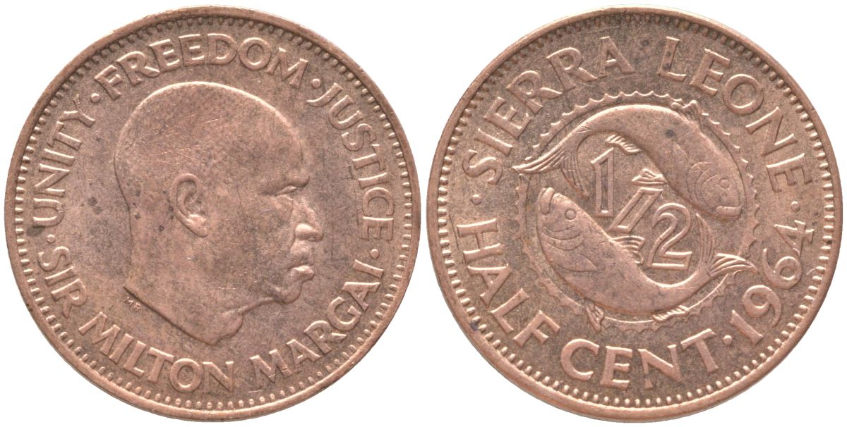 Сьерра-Леоне 1/2 цента 1964 Милтон Маргаи KM 16 бронза aUNC 73-116