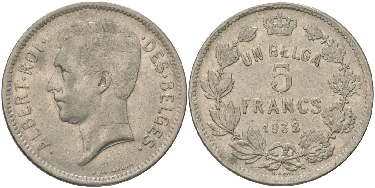 Бельгия 5 франков 1932 Belges, Альберт I (1909-1934) KM 97 никель 4157-1132