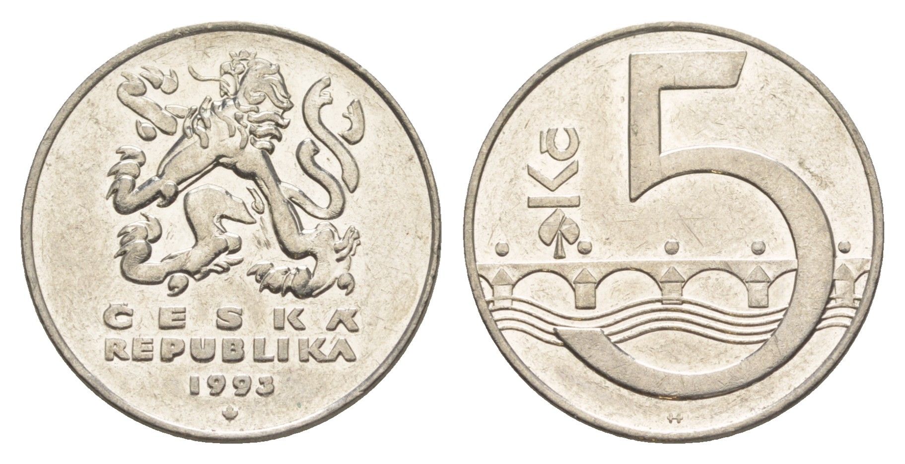 Чехия 5 крон 1993 чешский лев, Карлов мост KM 8 сталь плакированная никелем 4529-623