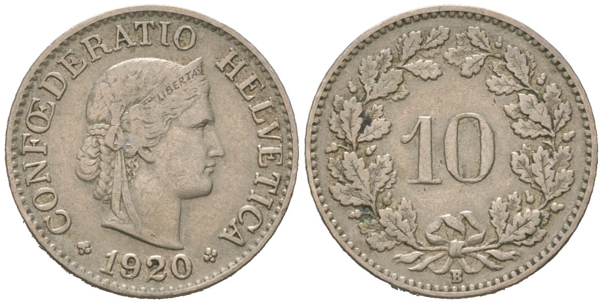 Швейцария 10 раппенов 1920 B KM 27 медно-никель 4169-1116