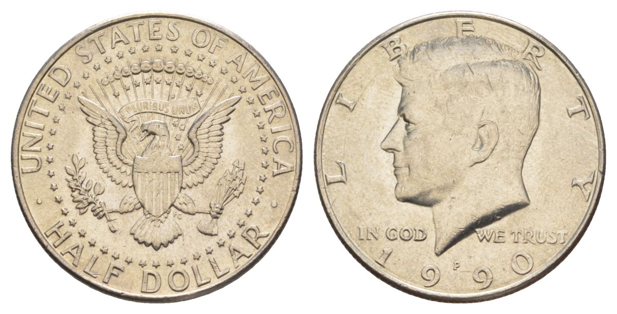 США 1/2 доллара (50 центов) 1990 P, Джон Кеннеди KM A202b медь плакированная медно-никелем aUNC 4517-616