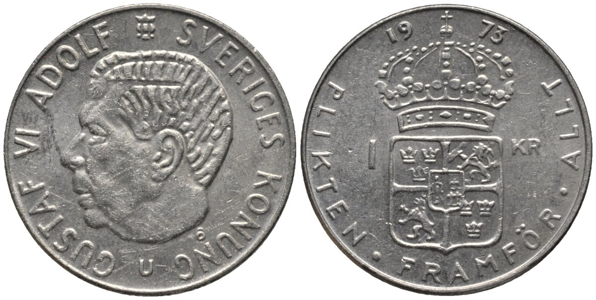 Швеция 1 крона 1973 Густав VI Адольф (1950-1973) KM 826а медь плакированная медно-никелем 4577-817