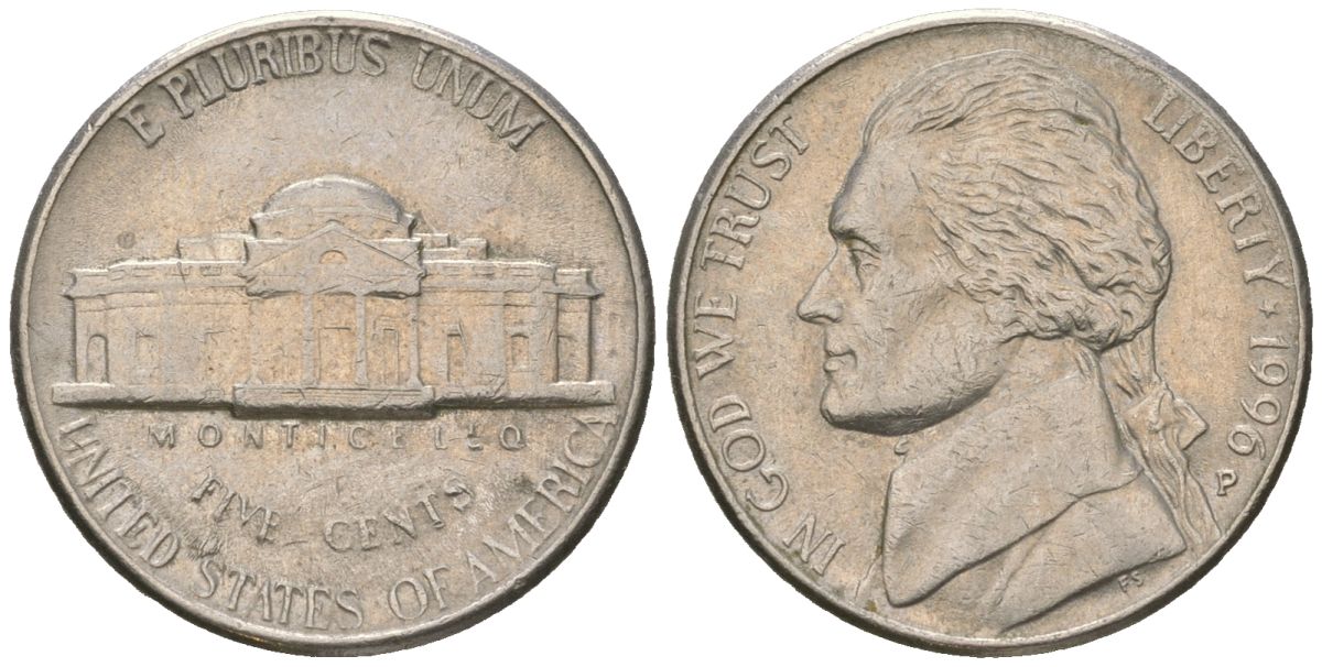 США 5 центов 1996 P, Томас Джефферсон KM A192 медно-никель aUNC 216-533