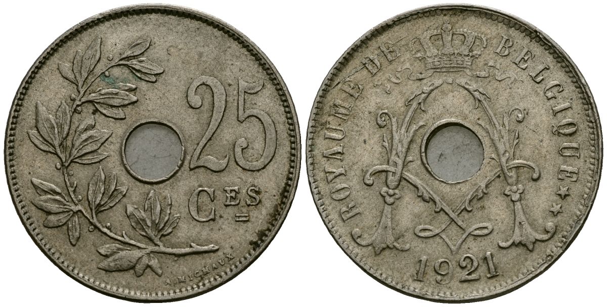 Бельгия 25 сантимов 1921 Belgique KM 68 медно-никель 4168-1225