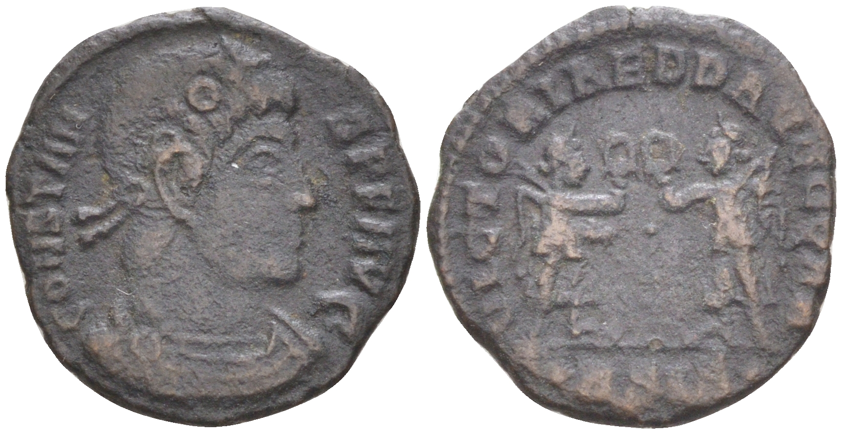 Римская Империя нуммий 347 - 348 Констант, бюст императора, CONSTANS PF AVG / две Виктории, VICTORIAE DD AVGGQ NN, Сисция (из немецкой коллекции 1-й половины XX века, с владельческой этикеткой) RIC 185 биллон 1073-14-111