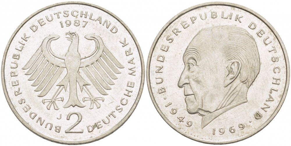 ФРГ 2 МАРКИ 1987 J, КОНРАД АДЕНАУЭР KM 124, J. 406 медно-никель плакированный никелем 3718-946